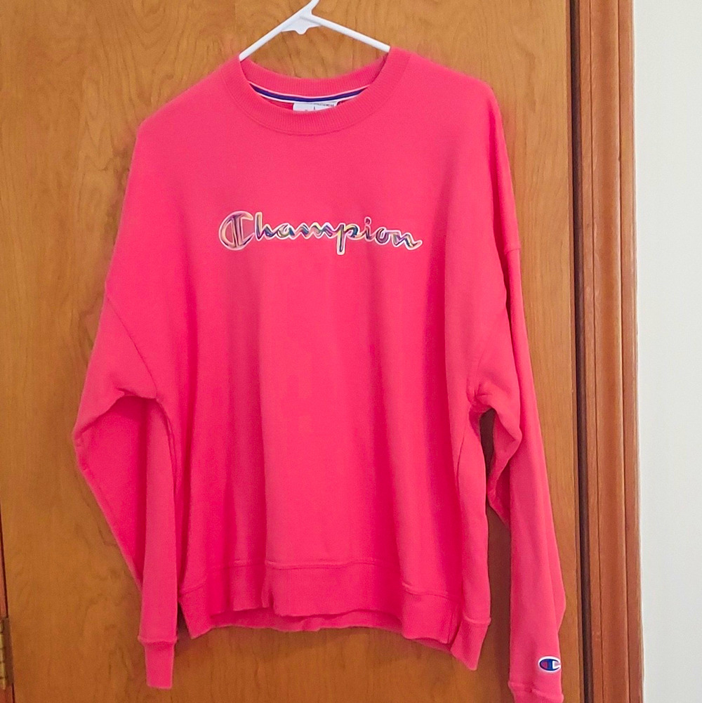 Champion Authentic Athleticwear size L wmn Fleece Crewneck Logo Sweatshirt Pink